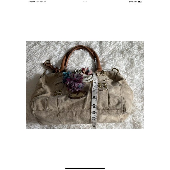 FOSSIL Grayson Beige Canvas Fabric Satchel Bag Added Floral Accessories ***READ - Picture 8 of 12